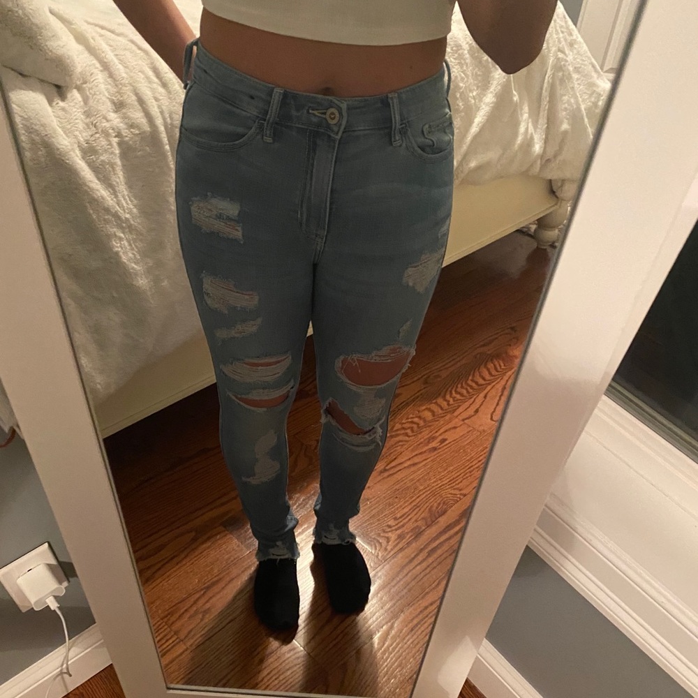 High Rise Ripped Blue Skinny Jeans